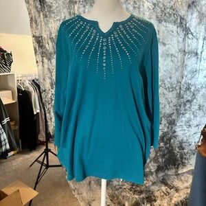 EUC Alfred Dunner Teal Beaded V-Neck Blouse XL - Statement Sparkle!